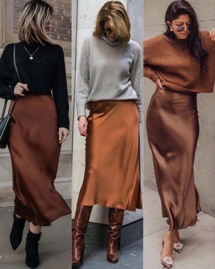 brown satin skirt ! AMZN LINK - brown leather skirt outfit