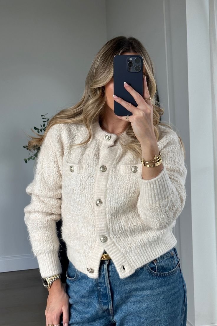 Bouclé cardigan - Cream - Ladies curated on LTK - cream cardigan outfit