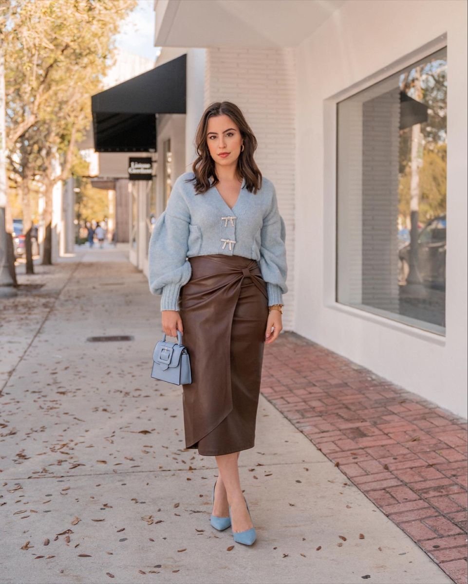 Blue and Brown Outfit - brown leather skirt outfit