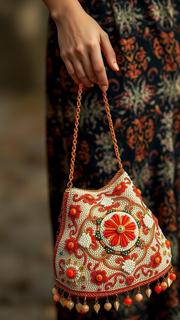 A vibrant beaded handbag with floral patterns resting on an ornate chair in a vintage setting.