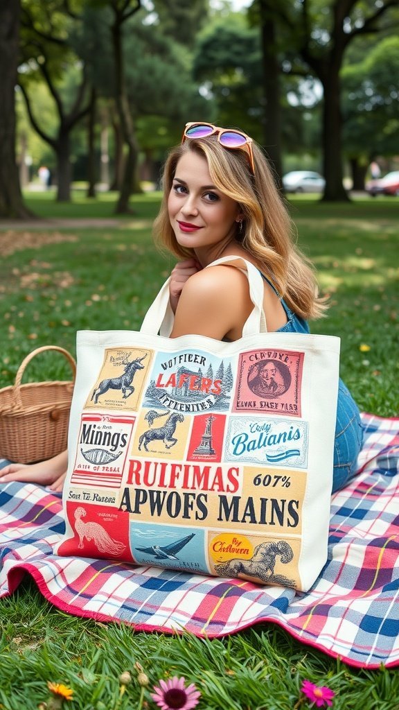 A woman sitting on a picnic blanket in a park, holding a vintage print canvas tote bag.