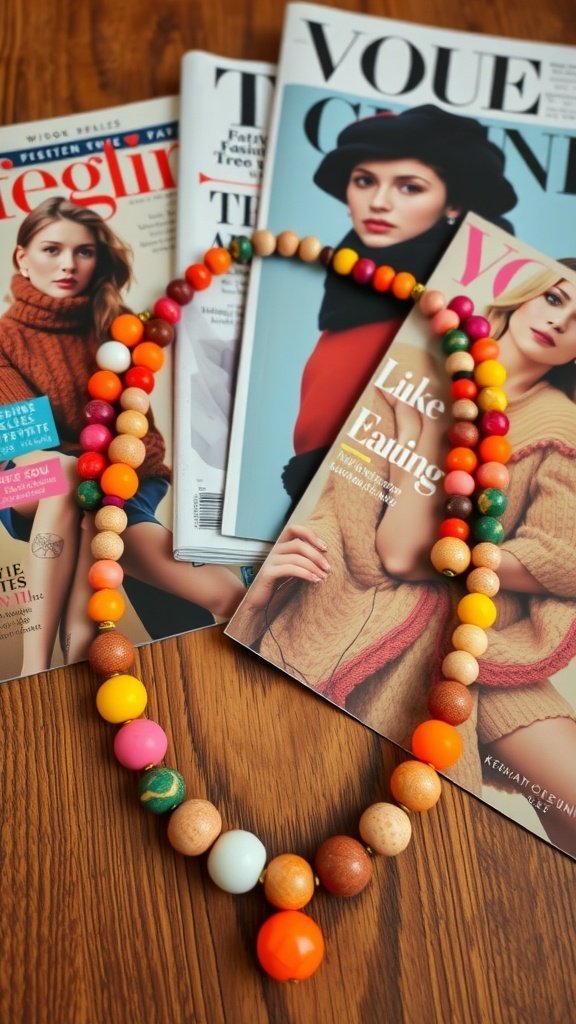 A colorful chunky beaded necklace displayed on top of fashion magazines.