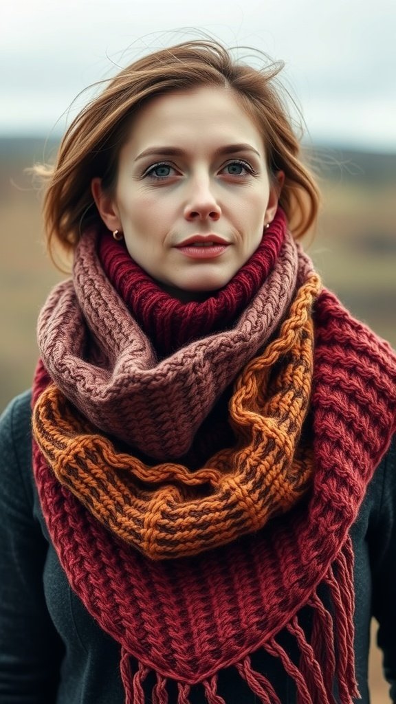 A woman wearing a chunky knit scarf, showcasing a cozy and stylish look.