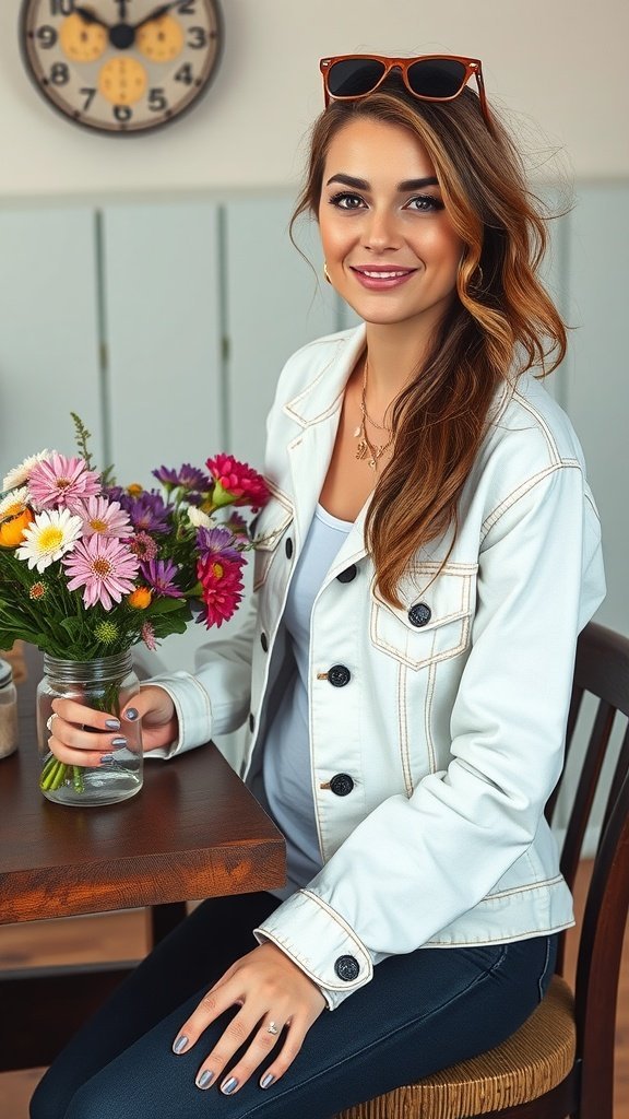 A woman smiling while wearing a classic white denim jacket, holding a vase of colorful flowers.
