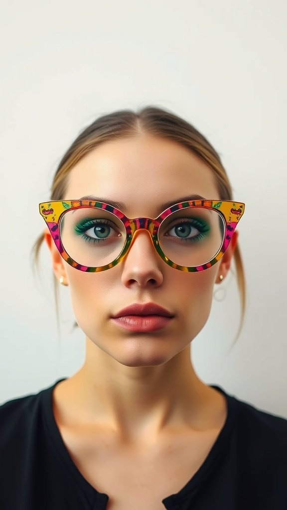 A pair of colorful cat-eye glasses placed on a table with a stylish background.