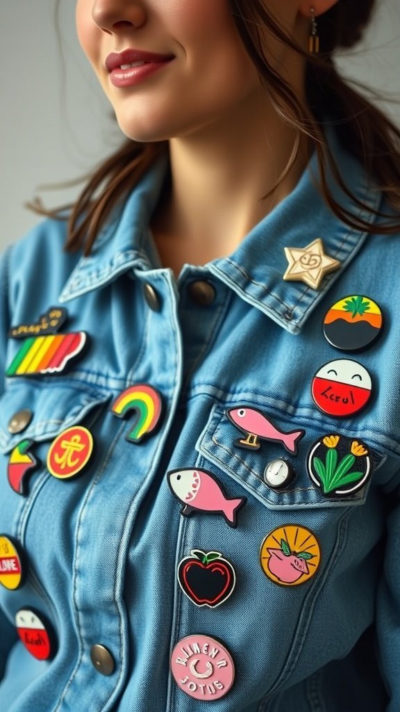 A person wearing a denim jacket adorned with various colorful enamel pins.