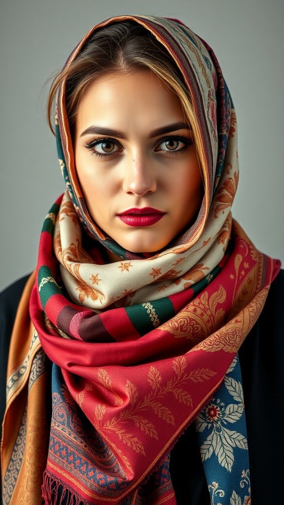 A woman wearing a colorful vintage scarf collection, showcasing various patterns and textures.