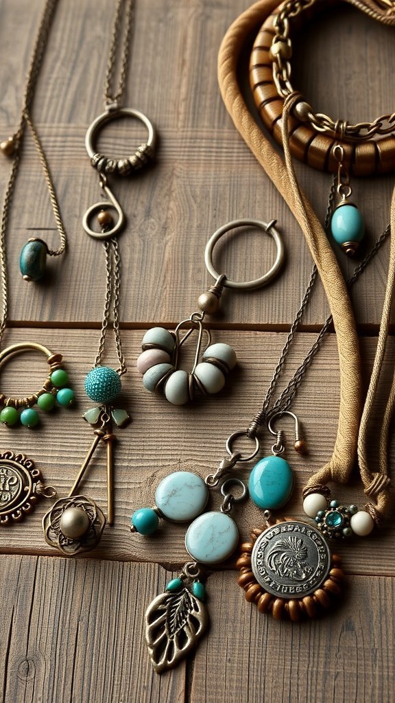 A collection of vintage jewelry pieces including necklaces and earrings, showcasing various colors and designs.