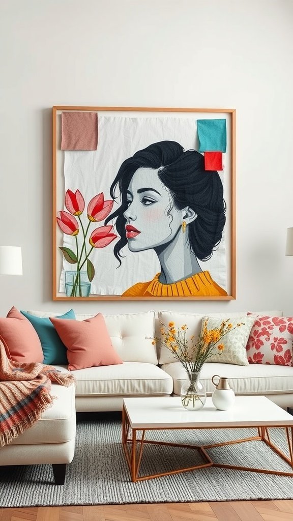 A stylish wall art piece created from old clothing, featuring a woman's portrait surrounded by colorful fabric scraps.