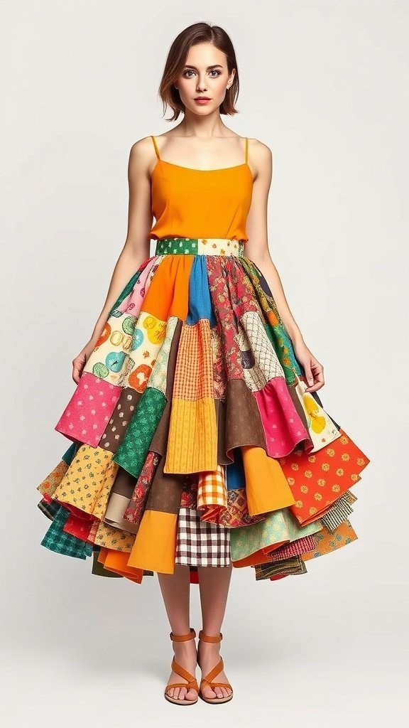 A colorful patchwork skirt hanging on a line, showcasing various fabric patterns.