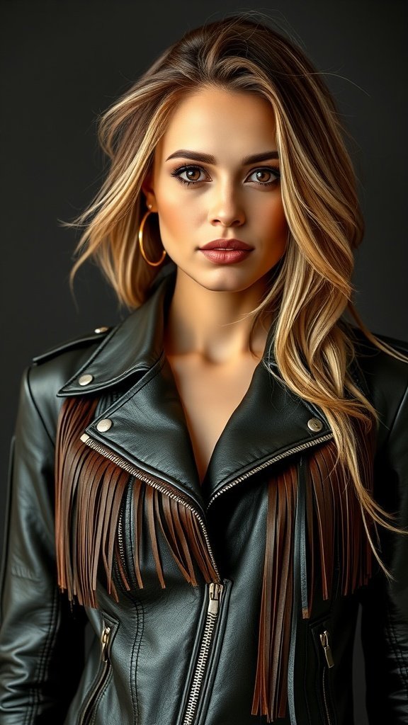 A person wearing a fringed leather jacket standing by a wooden door.