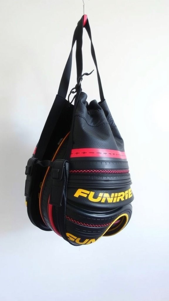 A woman holding a bag made from upcycled bicycle inner tubes in a city setting.