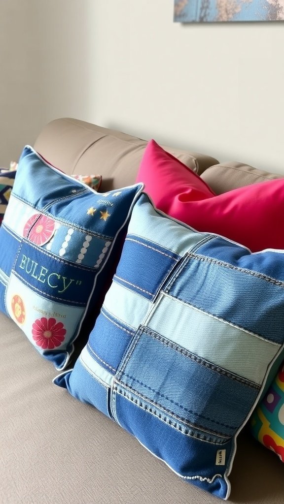 A woman sitting on a couch with decorative pillows, including a denim pillow, smiling and enjoying a cozy space.