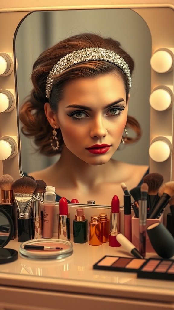 A woman with a sparkling metallic headband in front of a mirror, surrounded by makeup products.