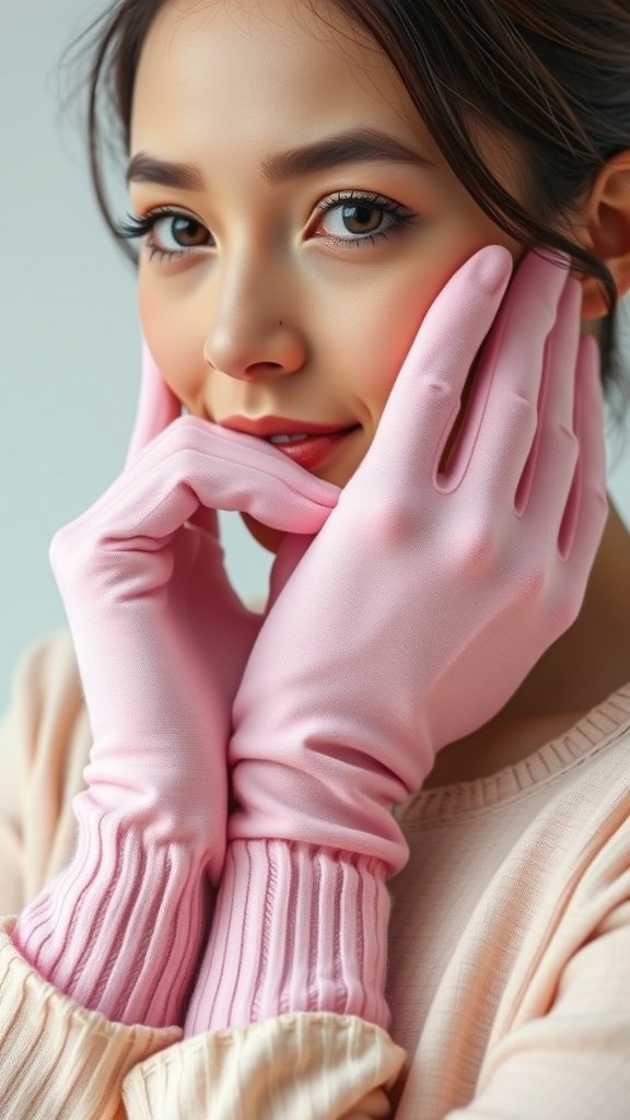A close-up of pastel-colored gloves resting on a reflective surface, with a soft background.