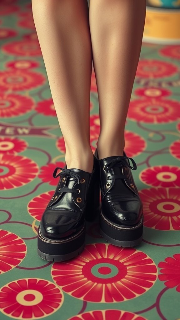 Close-up view of black platform Mary Jane shoes on a colorful floral rug.