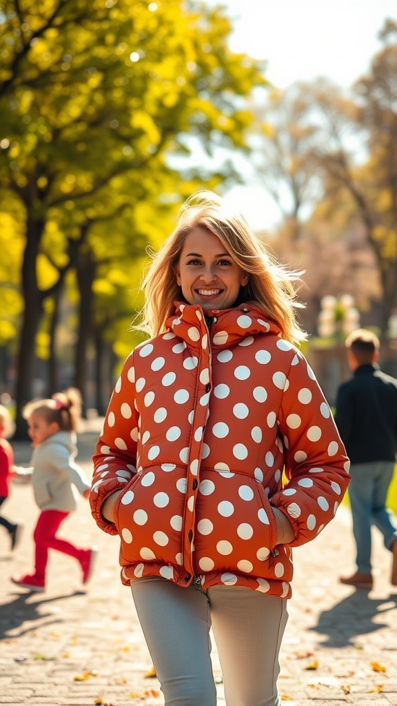 A smiling woman wearing a polka dot puffer jacket outdoors.