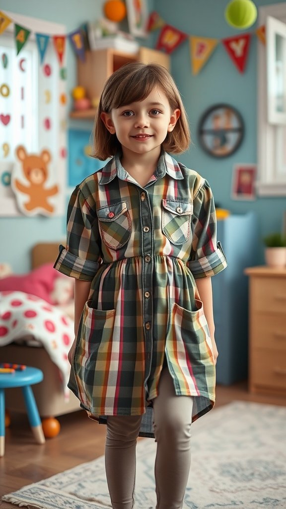 A young girl wearing an upcycled shirt transformed into a dress, smiling in a colorful room.