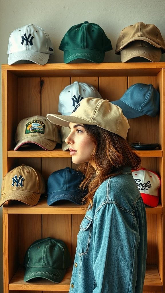 A selection of retro baseball caps displayed on a wooden shelf with a young woman looking at them.