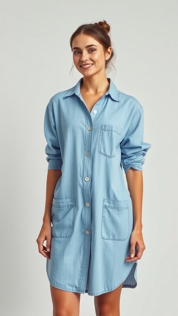 A blue button-up shirt displayed on a mannequin, showcasing the potential for upcycling into a dress.