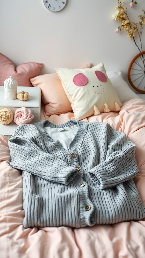 A soft grey cardigan laid out on a light-colored bed with cushions and decorative items.