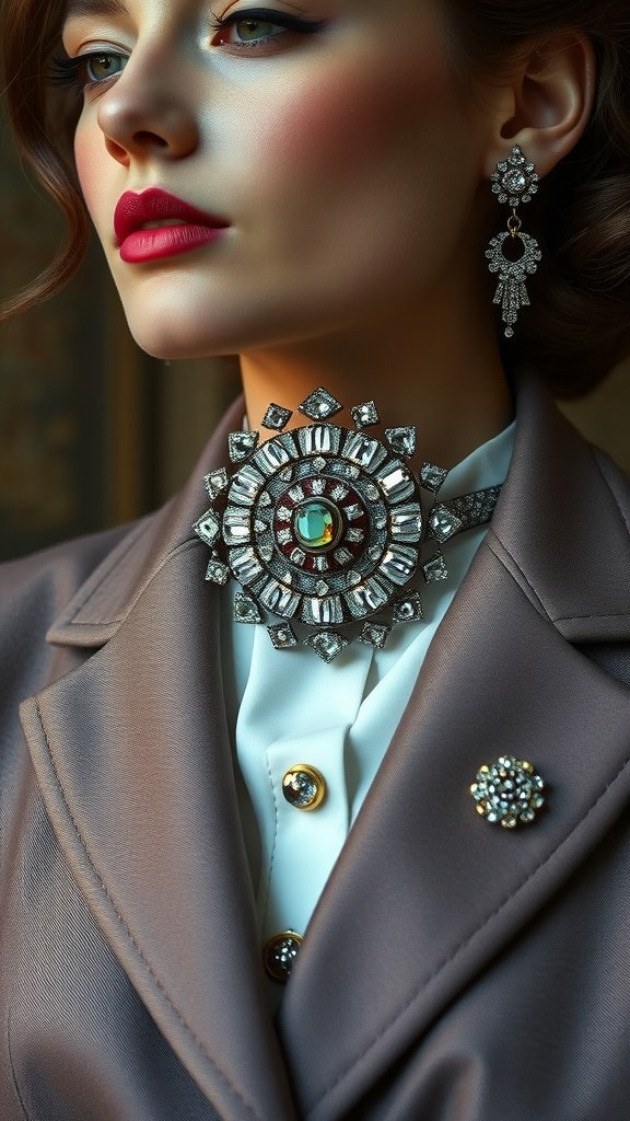 A woman wearing a stylish jacket featuring a large, ornate statement brooch.