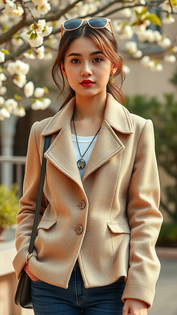 A woman wearing a textured beige jacket with a relaxed expression.