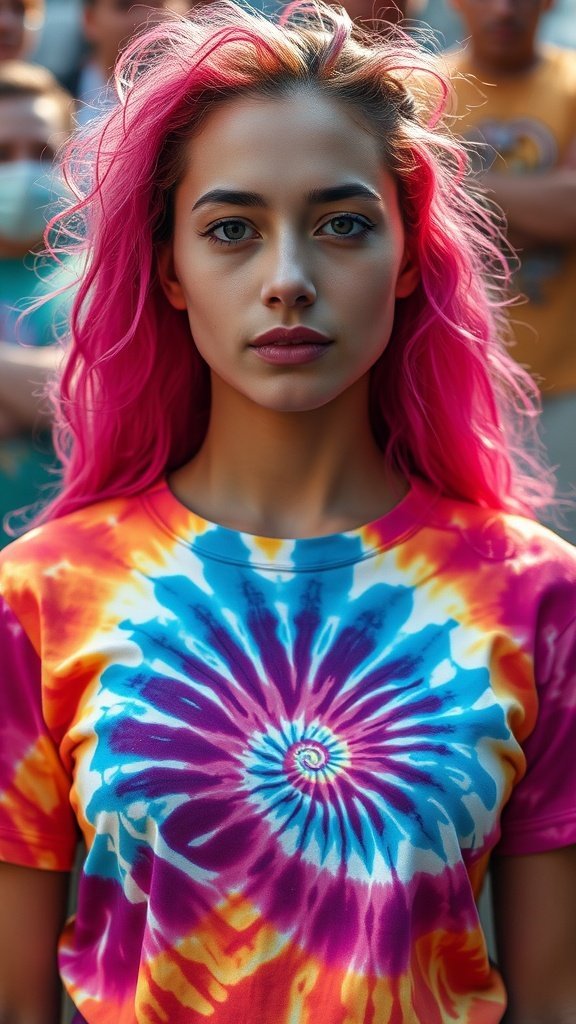 A collection of colorful tie-dye t-shirts with a model in the center
