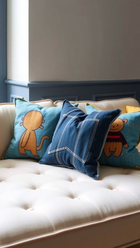 A pink t-shirt transformed into a tote bag hanging on a wooden wall.