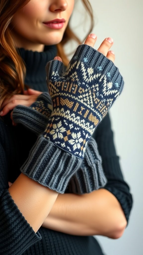 A close-up of a person wearing fingerless gloves made from a sweater, with hands resting on a table with crafting materials.