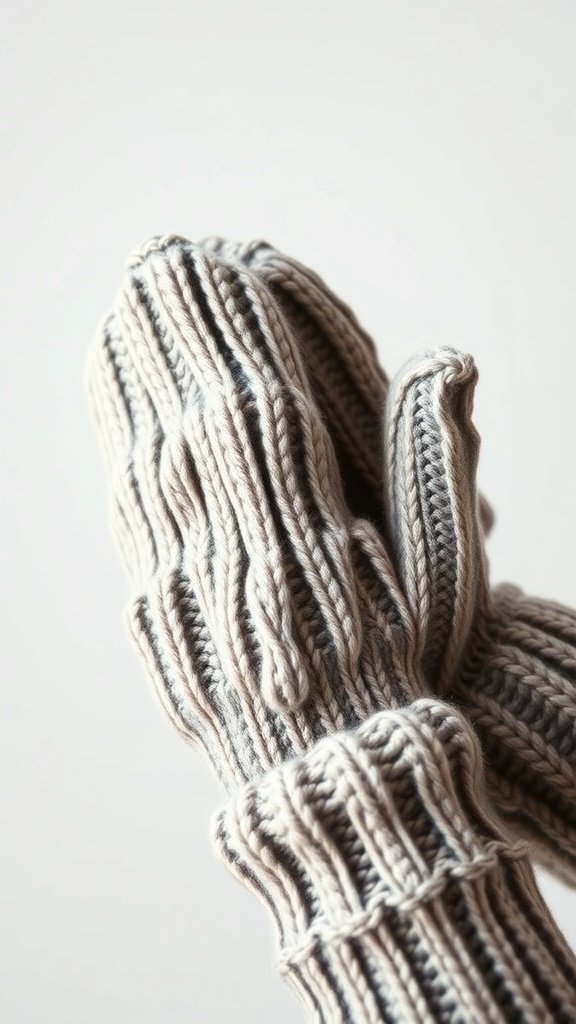 Cozy mittens made from sweater sleeves, resting on snow.