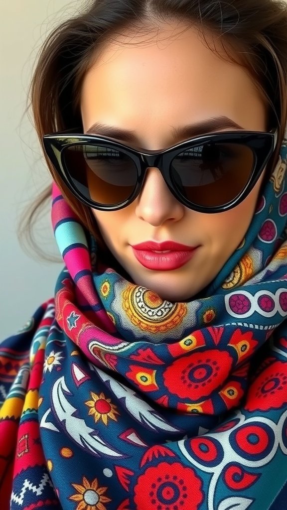 A woman wearing vintage cat-eye sunglasses and a colorful scarf.
