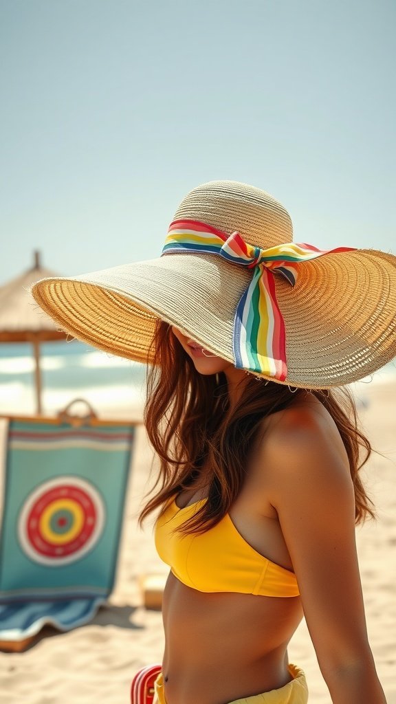 A woman wearing a wide brim straw hat with a rainbow ribbon by the beach.