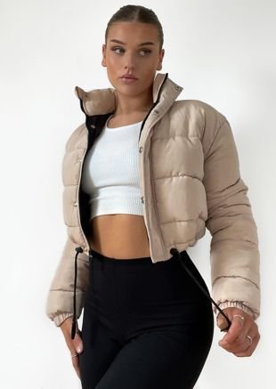 Padded Cropped Puffer Jacket Beige - cropped puffer jacket outfit