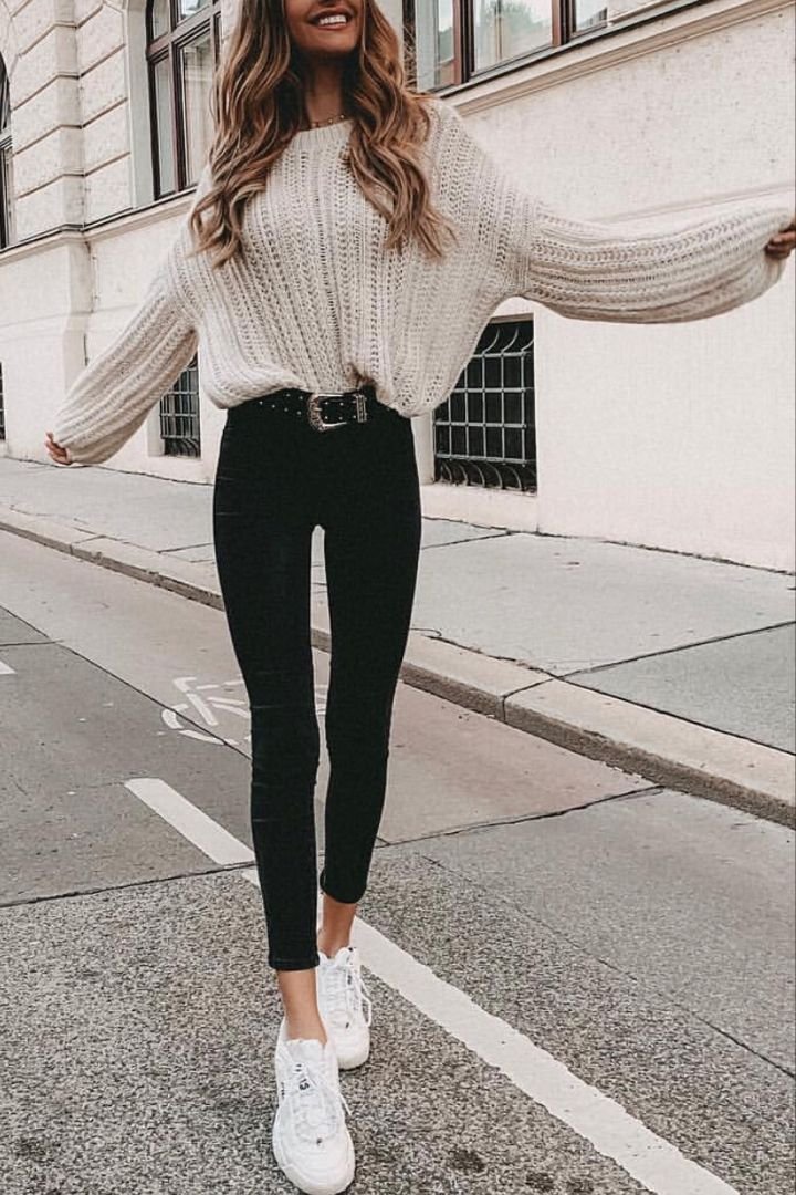Beige sweater with black pants Beige sweater with black pants - cream sweater outfits