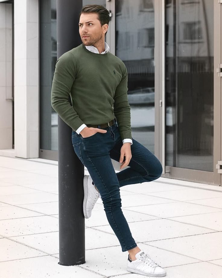 27 Best olive sweater ideas | mens outfits, men casual, mens fashion - dark green sweater outfit