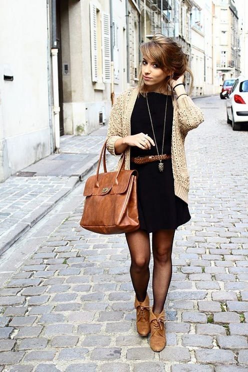 Women's Beige Cardigan, Black Casual Dress, Brown Leather Ankle Boots, Brown  Leather Satchel Bag - brown sweater outfit