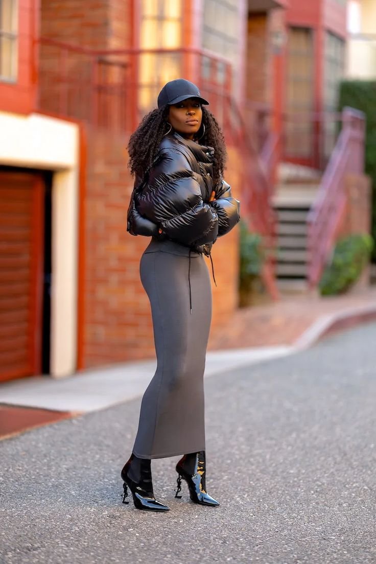 Puffer Jacket + Long Sleeve Maxi Dress | Maxi dress winter, Body con dress  outfit, Winter maxi dress outfit - cropped puffer jacket outfit