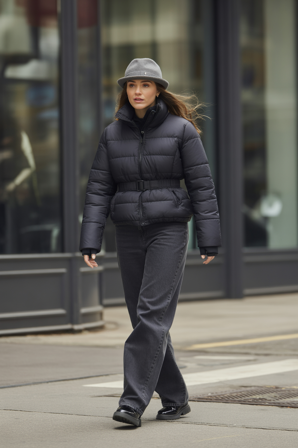 Belted Puffer With Wool Hat And Crossbody Bag