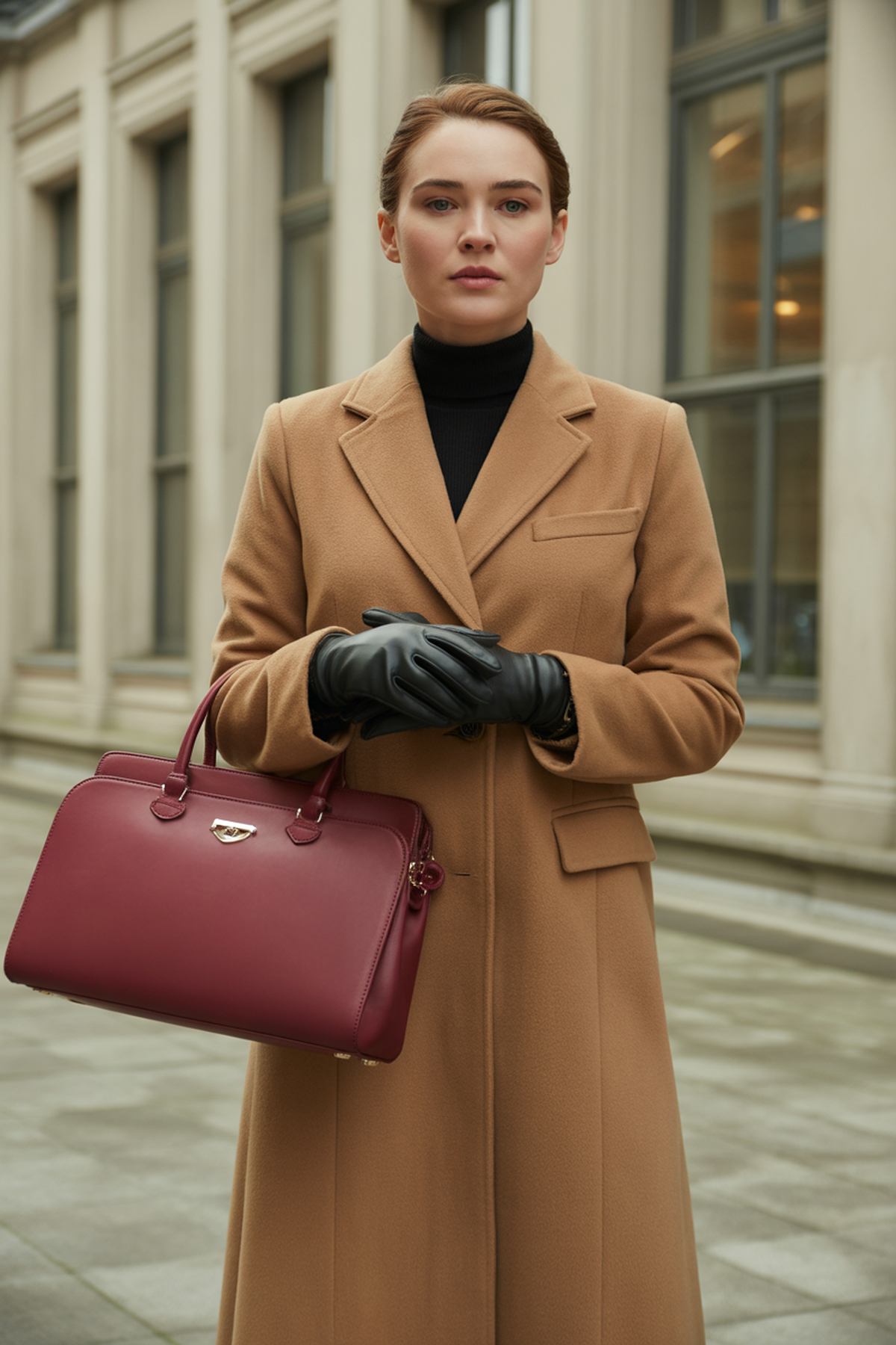 Camel Coat With Leather Gloves And Statement Handbag