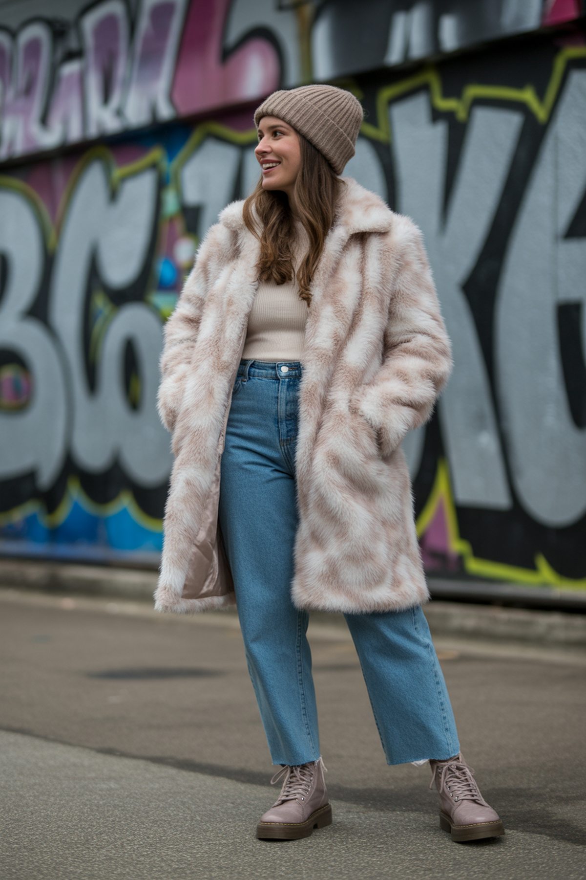 Faux Fur Coat With High-Waisted Jeans And Beanie