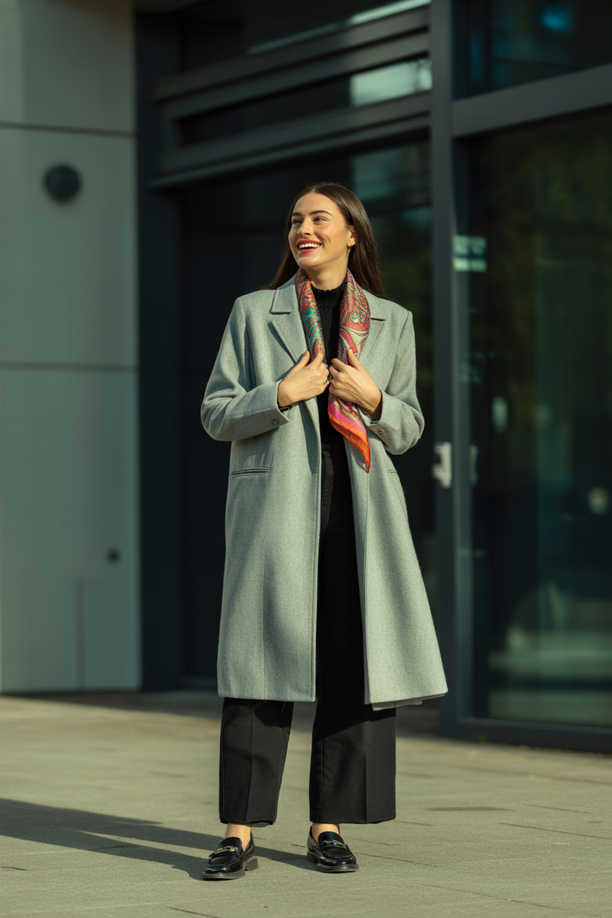 Fitted Coat With Patterned Scarf And Loafers