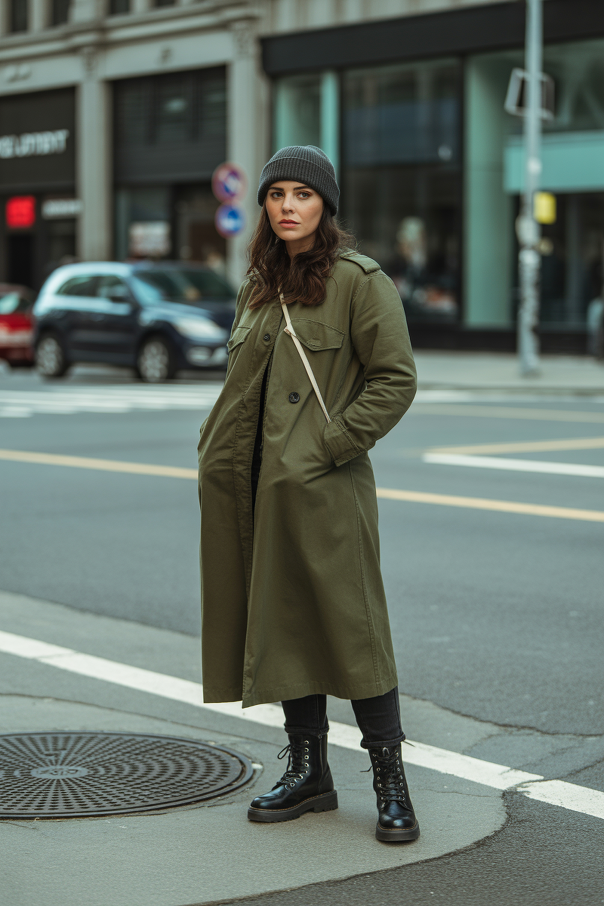 Military-Inspired Coat With Combat Boots And Beanie