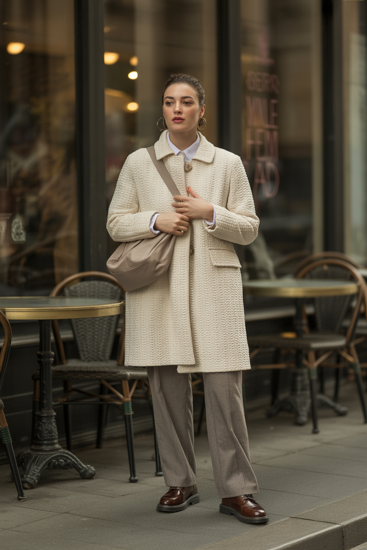 Textured Knit Coat With Wool Trousers And Oxfords