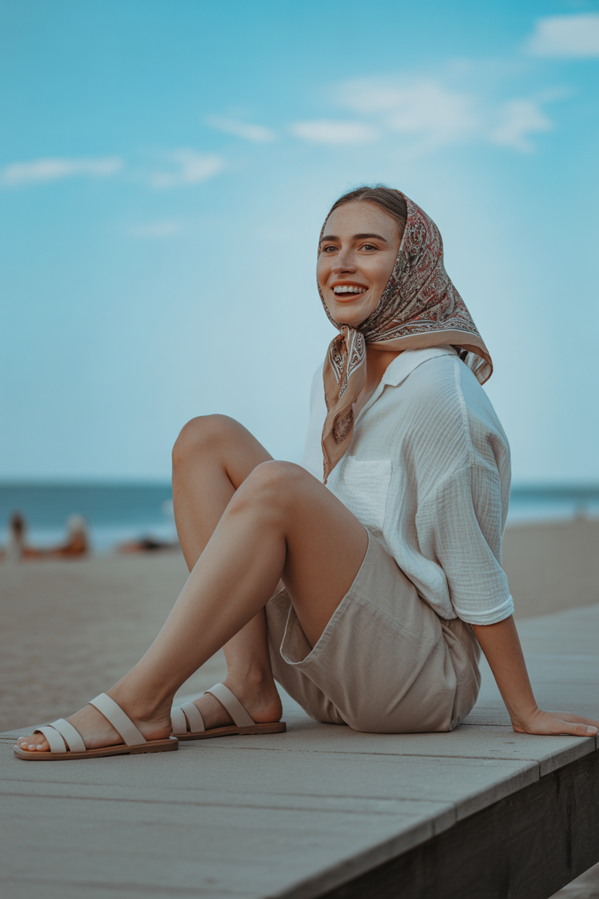 Boho Headscarf with Casual Linen Shirt and Shorts