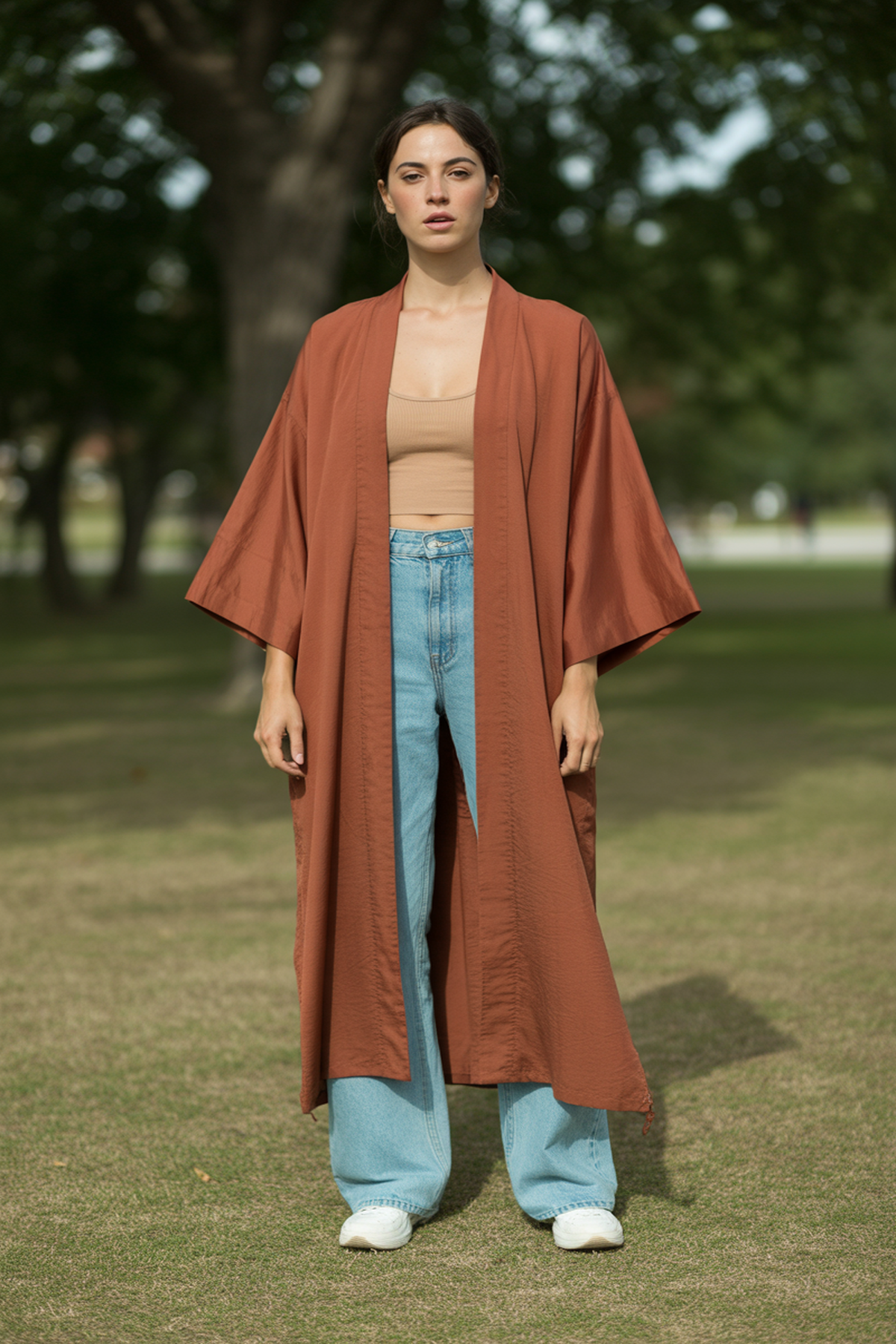 Earth-Toned Kimono with Simple Jeans