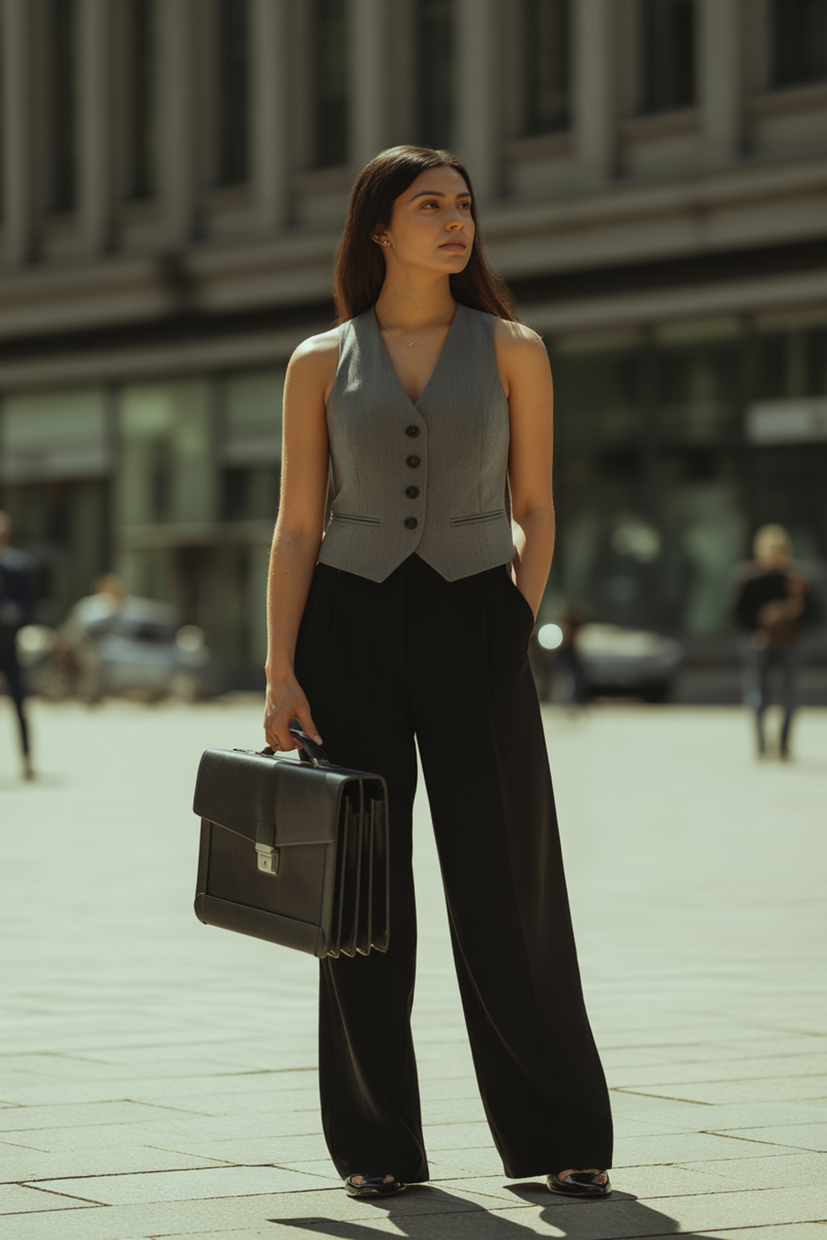 Buttoned-Up Vest Paired with Wide-Leg Trousers