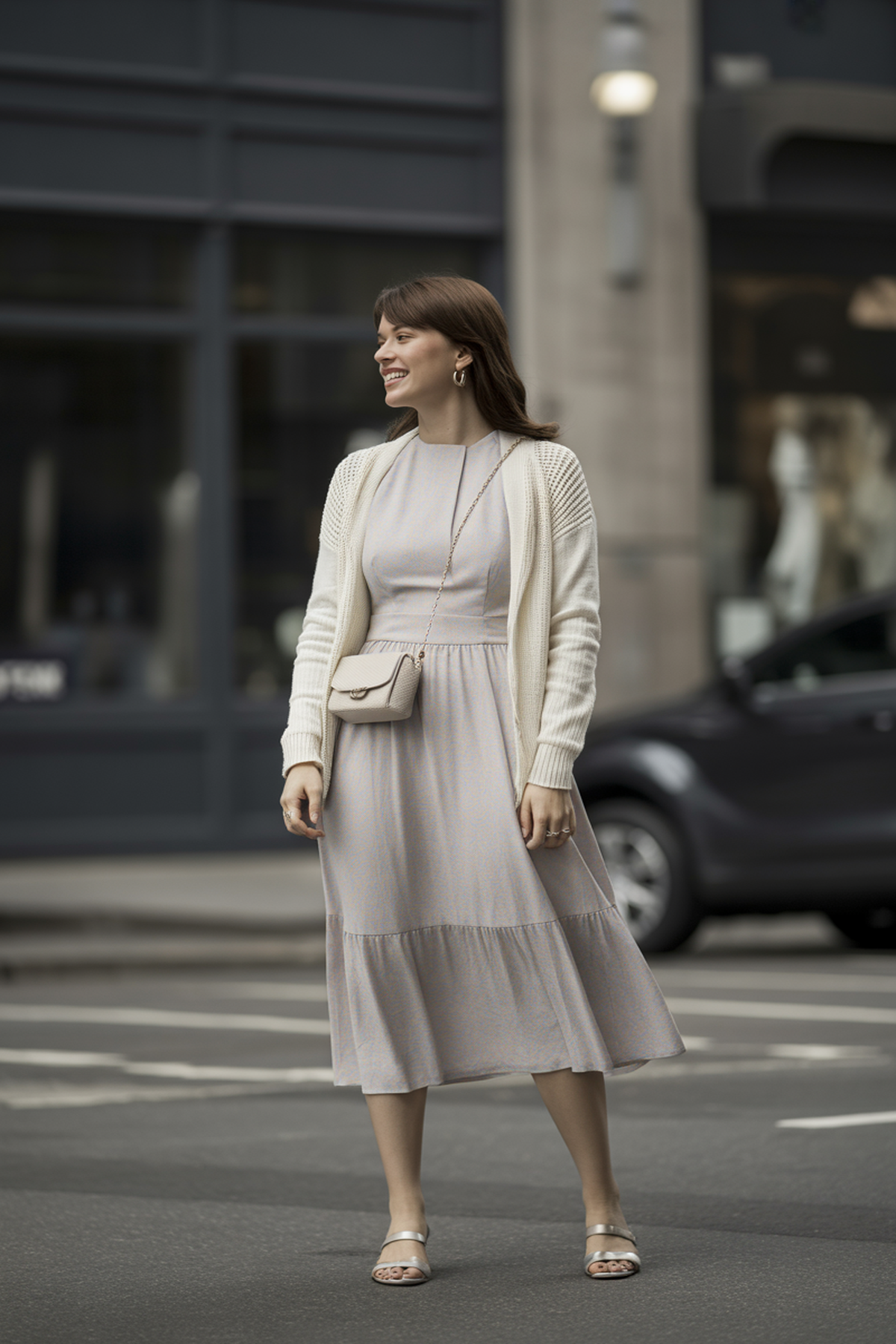 Chic Midi Dress Paired with a Lightweight Cardigan