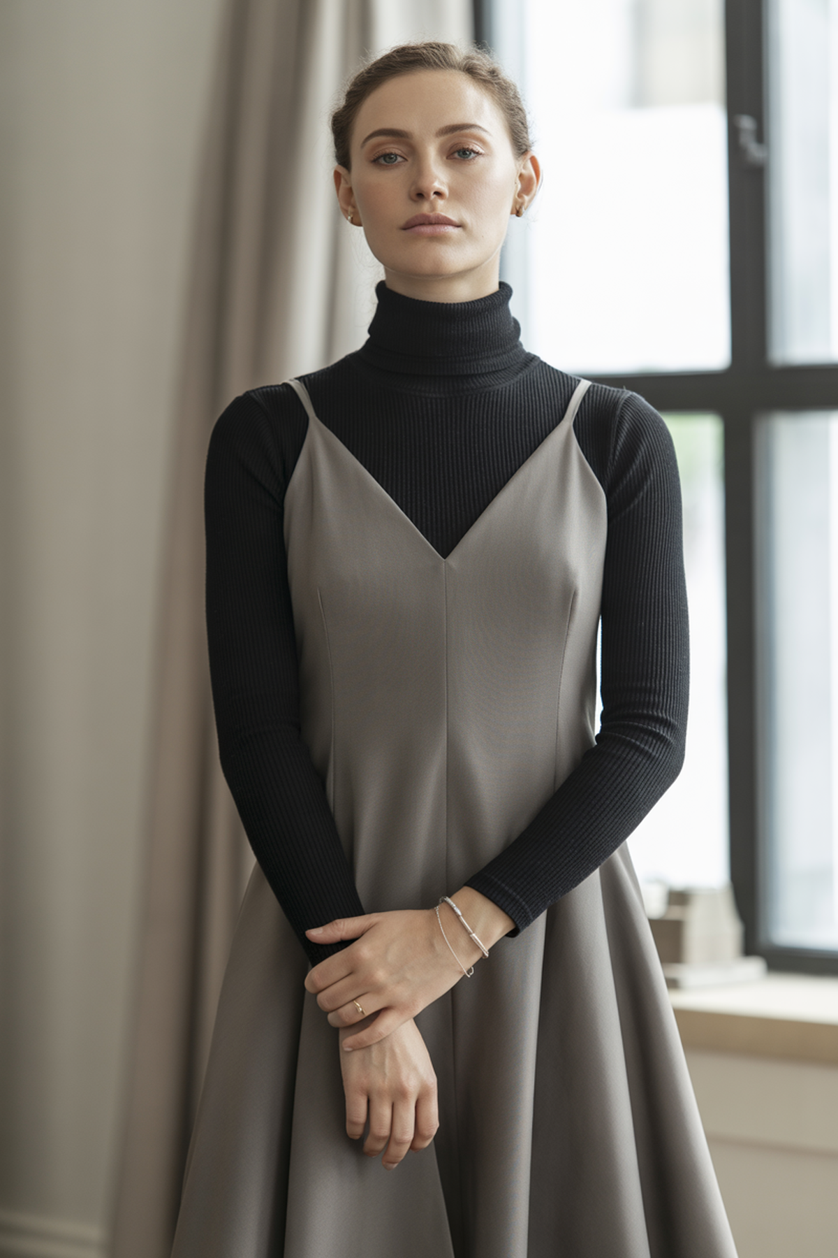 Layered Look with Turtleneck and Sleeveless Dress