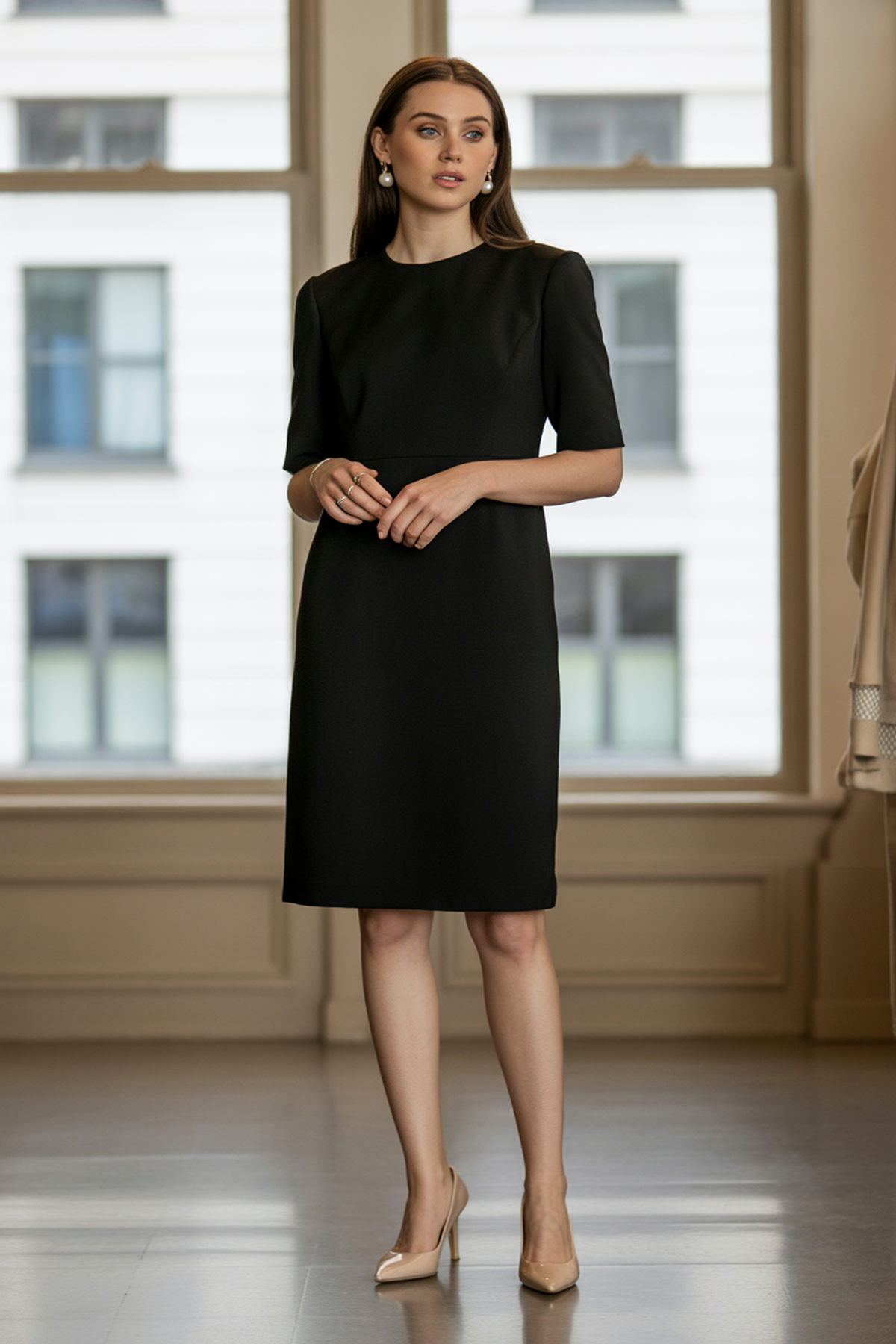 Minimalist Sheath Dress with Classic Pumps